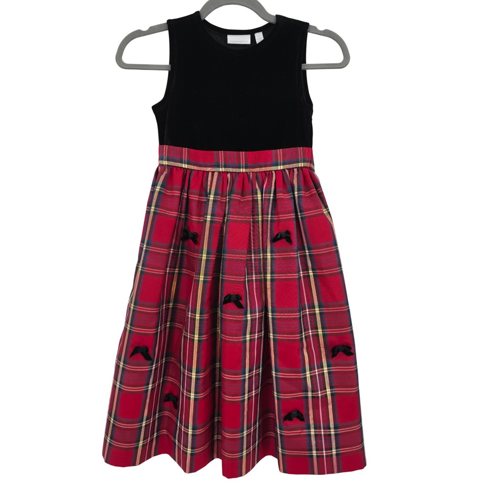 Charter Club Girls Red Plaid Velvet Holiday Dress Size 7 Black Bows Christmas